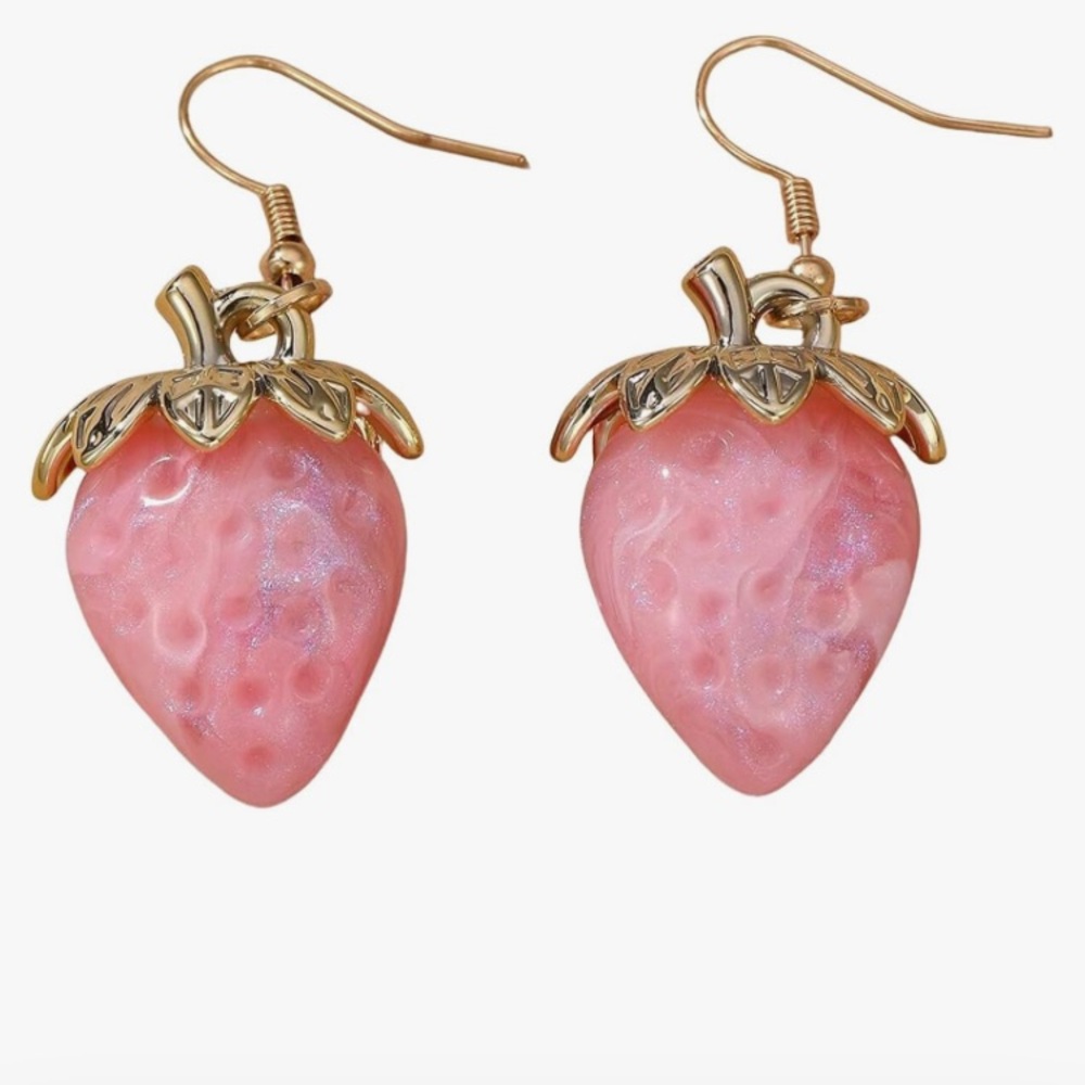 Pink Strawberry Earrings with Gold Accents
